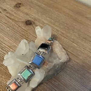 Vintage Sterling silver multiple gem Stone double hinged bracelet